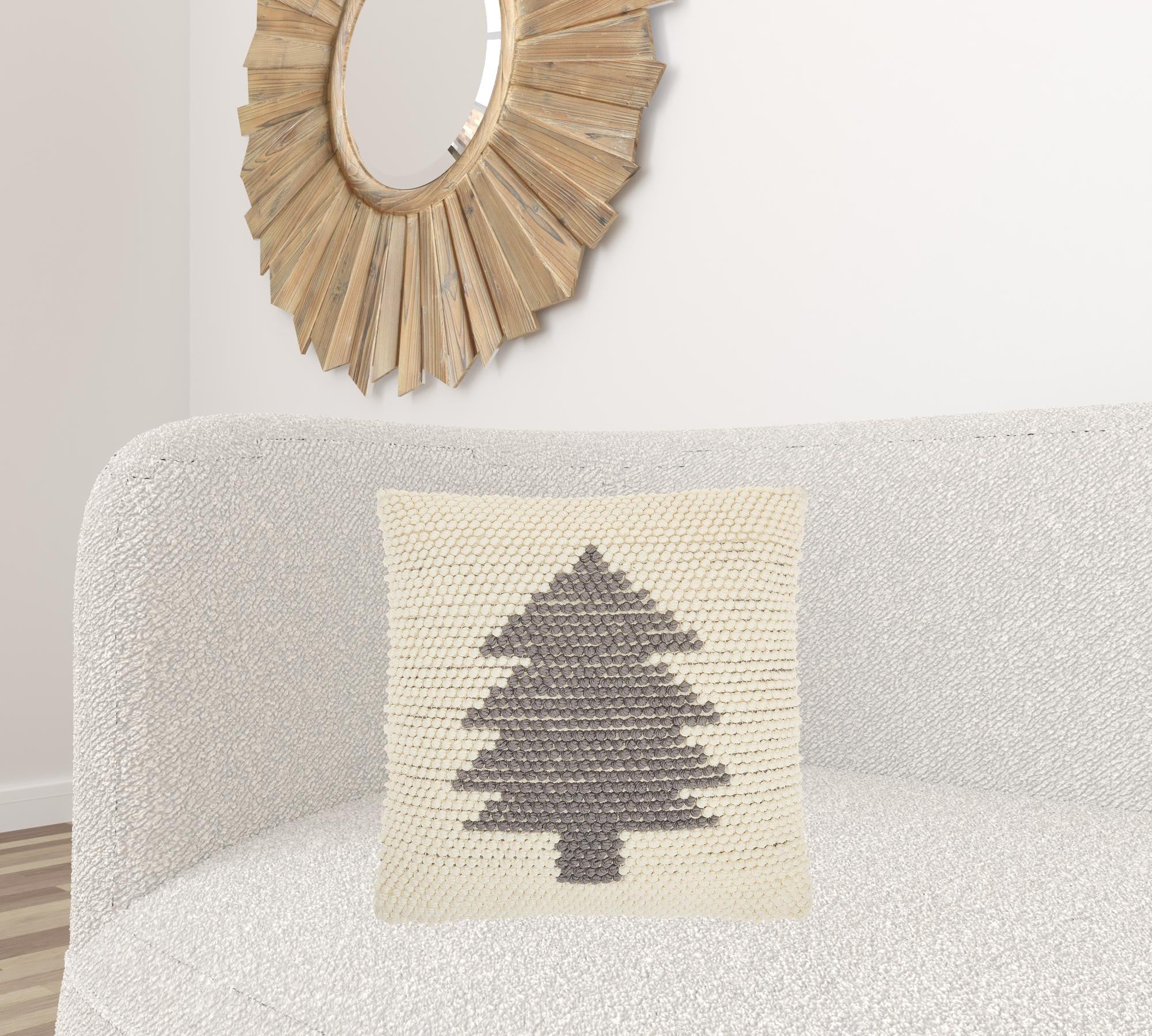 20" X 20" Ivory And Grey Zippered Handmade Polyester Christmas Tree Throw Pillow