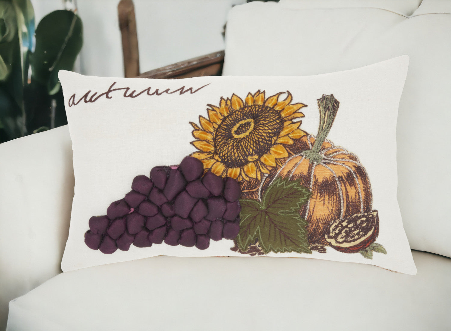 5" X 12" Yellow and White Thanksgiving Pumpkin and Sunflowers Cotton Throw Pillow