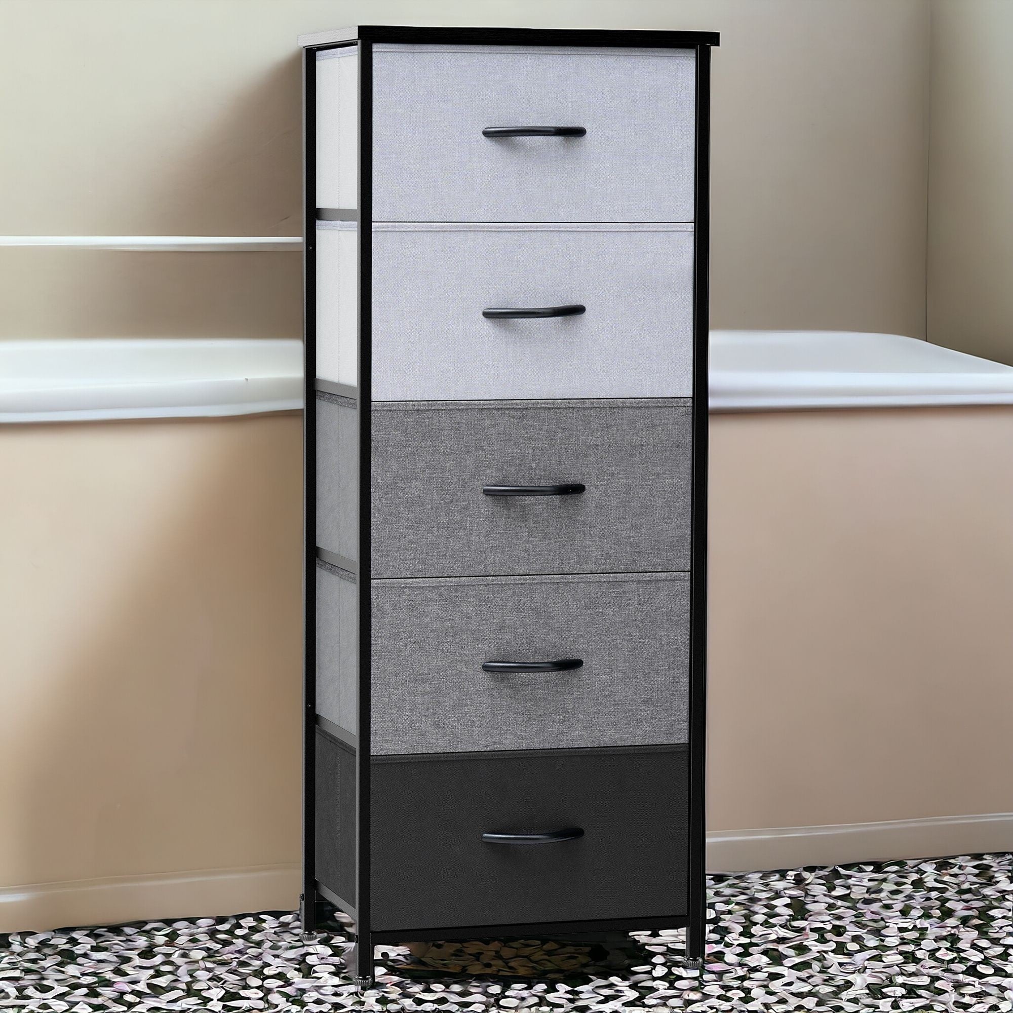 18" Gray and Black Steel and Fabric Five Drawer Chest