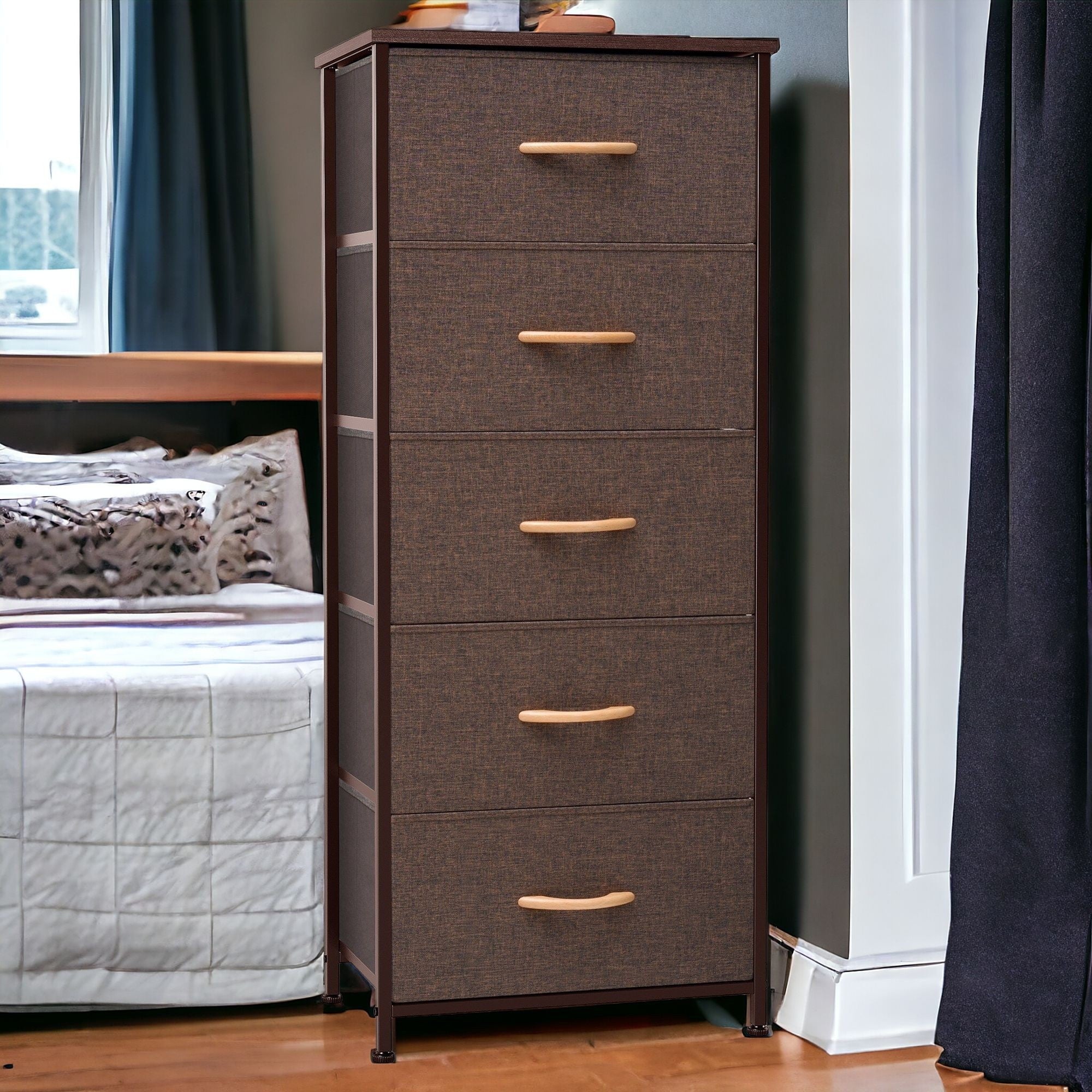 18" Brown Steel and Fabric Five Drawer Chest