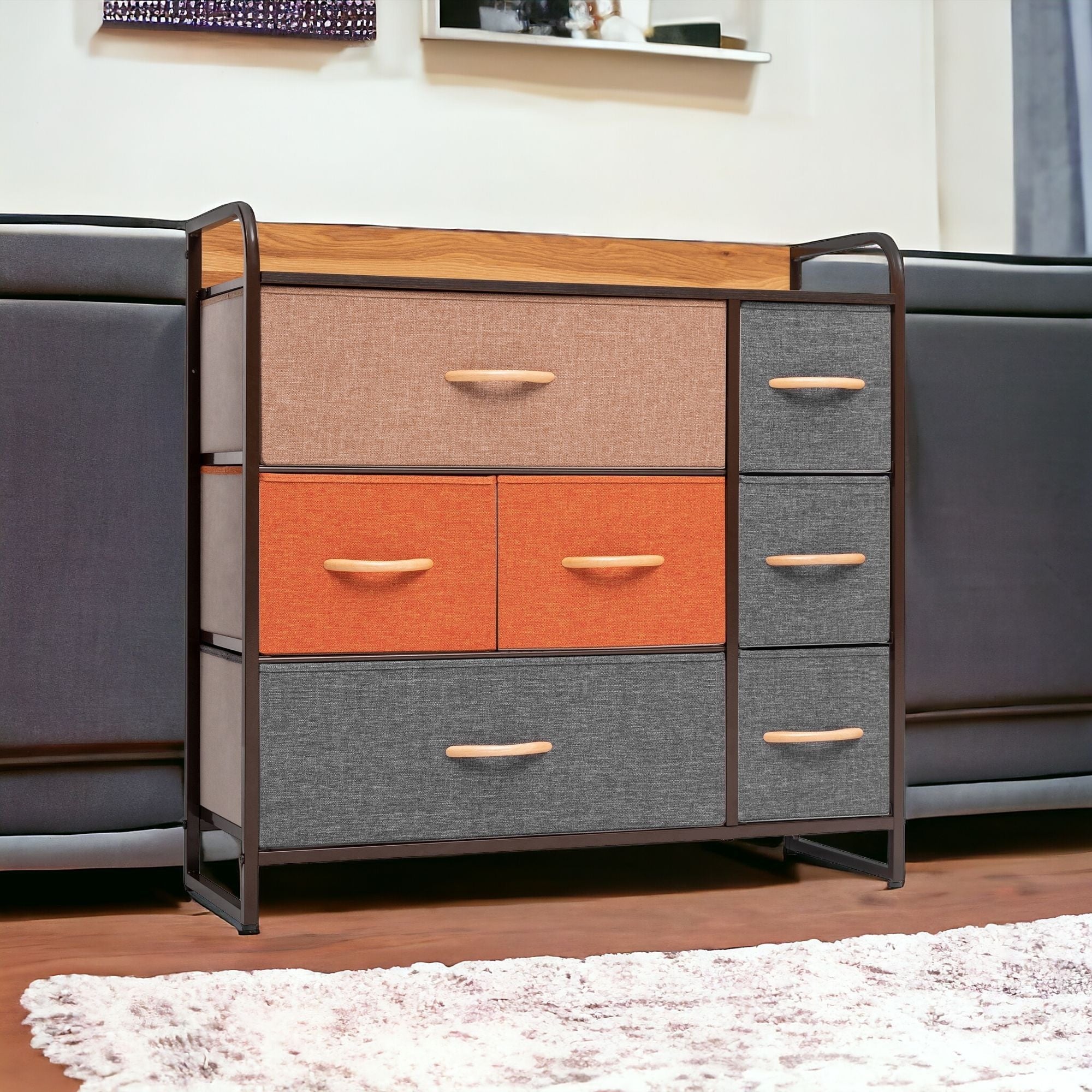 32" Gray Steel and Fabric Seven Drawer Dresser