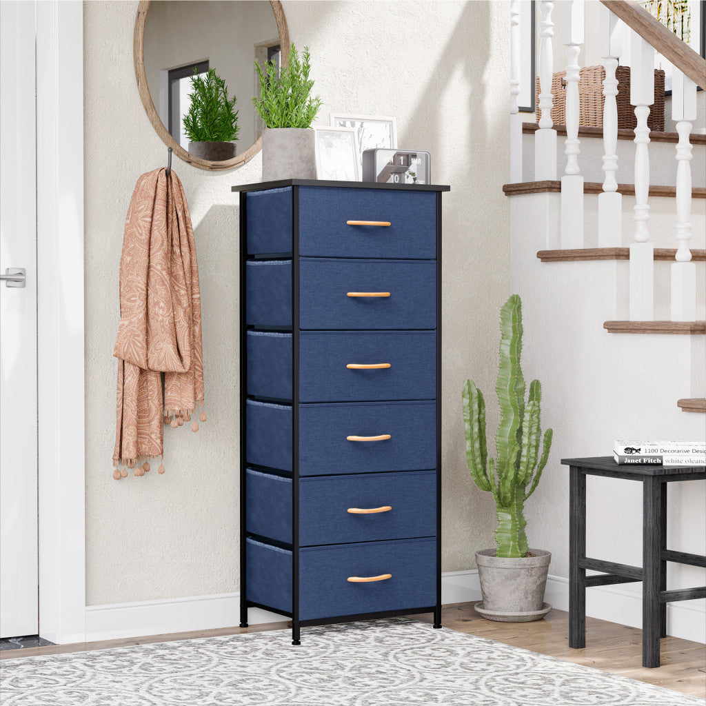 18" Blue and Black Steel and Fabric Six Drawer Chest