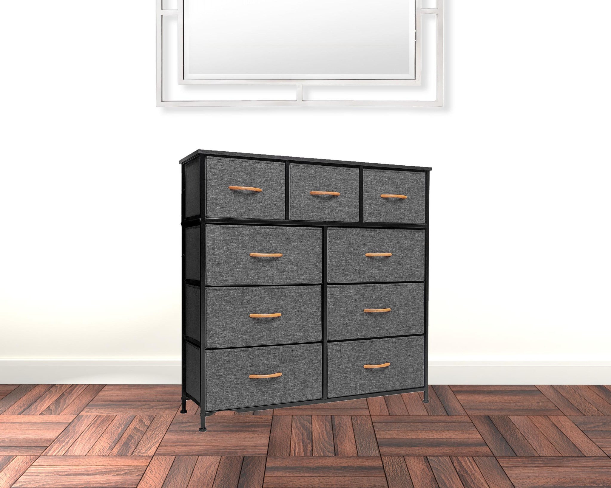 39" Gray and White Steel and Fabric Nine Drawer Triple Dresser