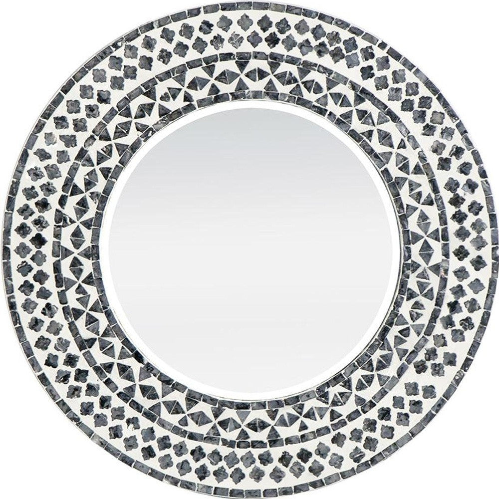 24" Black and White Round Manufactured Wood and Shell Framed Accent Mirror