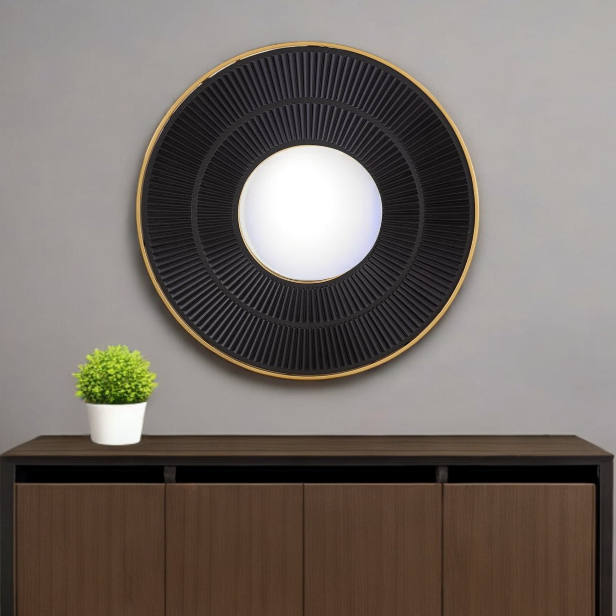 32" Black and Gold Round Manufactured Wood and Metal Framed Accent Mirror