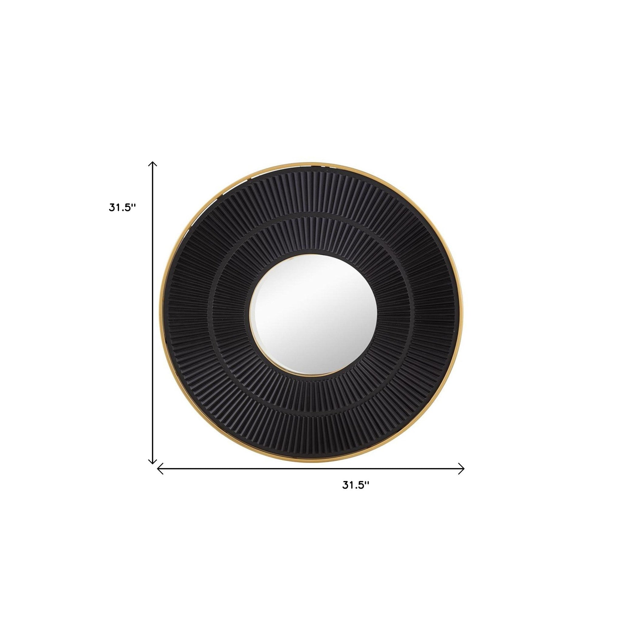 32" Black and Gold Round Manufactured Wood and Metal Framed Accent Mirror