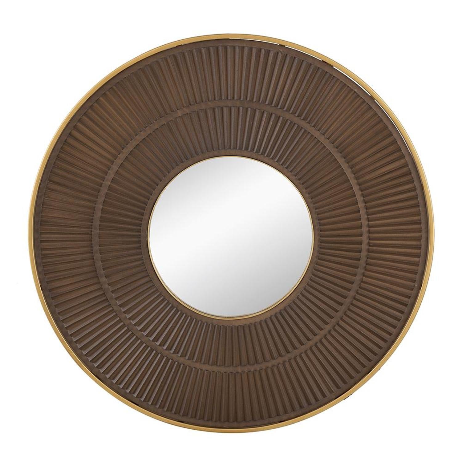 32" Brown and Gold Round Manufactured Wood and Metal Framed Accent Mirror