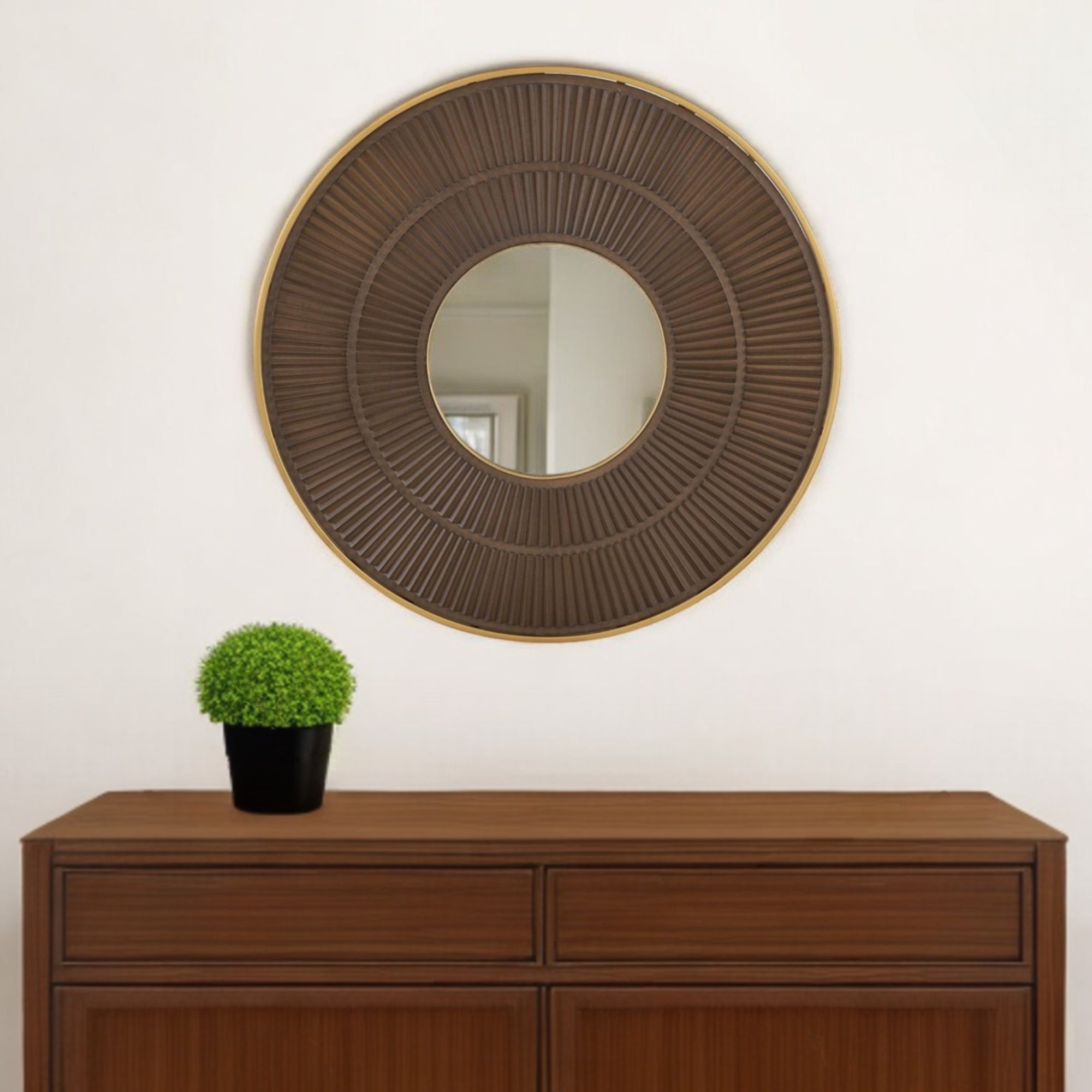 32" Brown and Gold Round Manufactured Wood and Metal Framed Accent Mirror