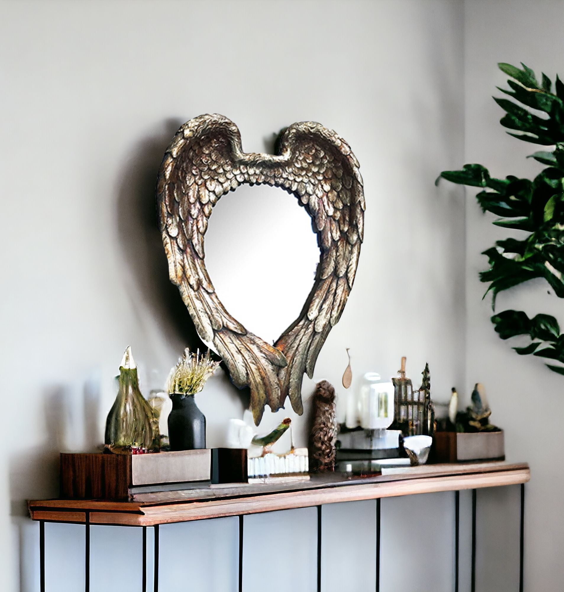 16" Gold Wing Pattern Heart Shaped Accent Mirror