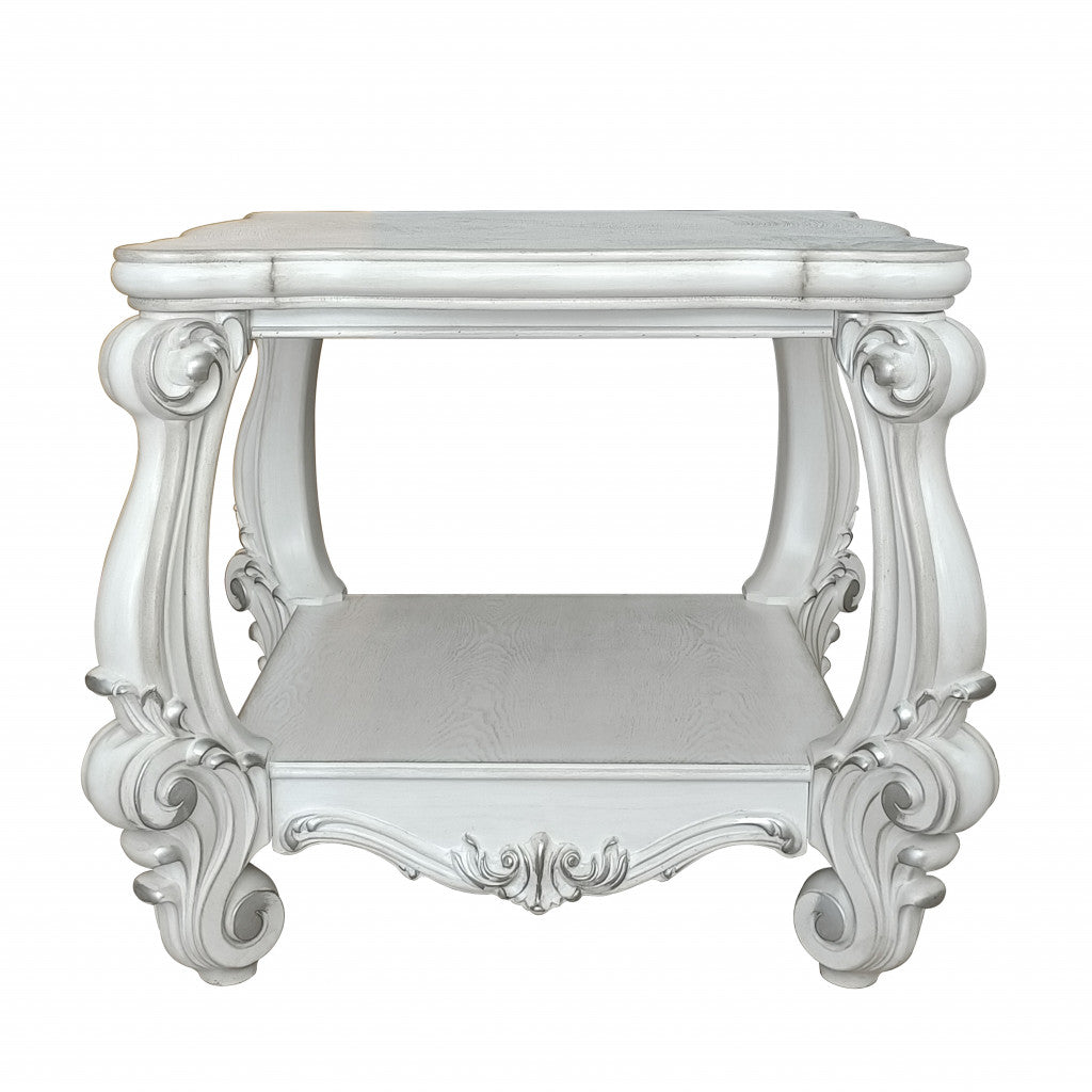 26" Antiqued White Manufactured Wood Square Scroll End Table With Shelf