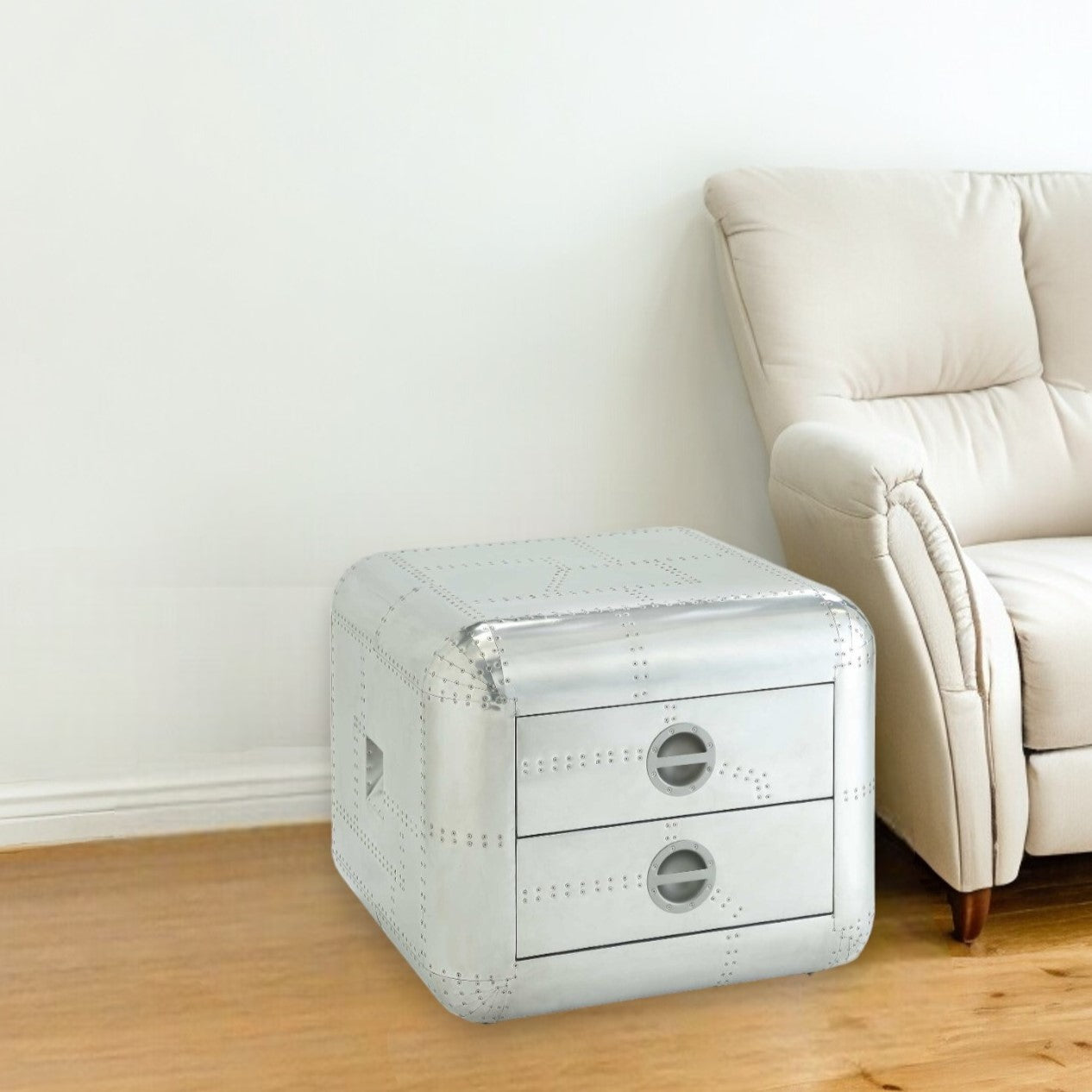 22" Silver Aluminum Aviator Trunk Style Square End Table With Two Drawers