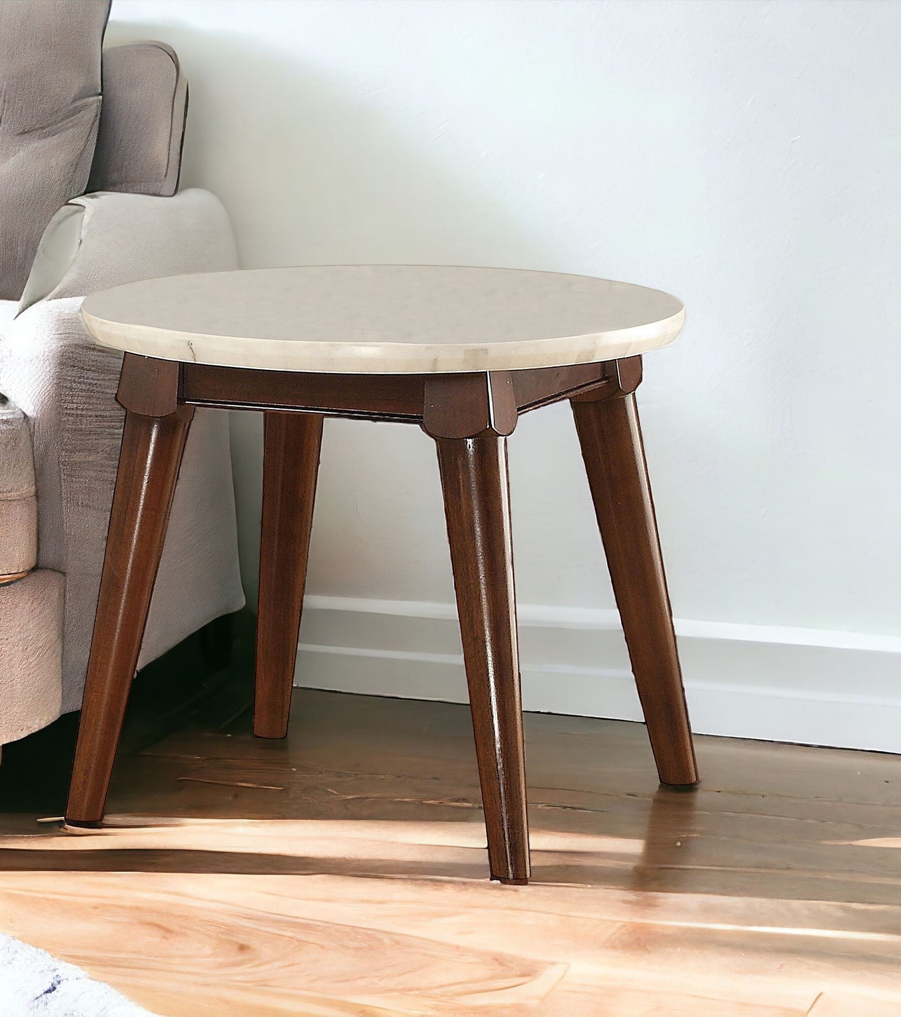 22" Walnut And White Faux Marble Round End Table