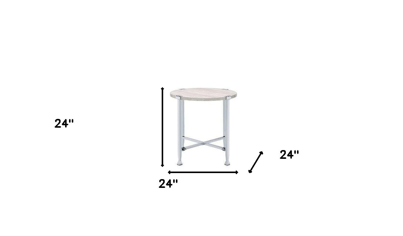 24" Chrome And White Oak Manufactured Wood And Metal Round End Table