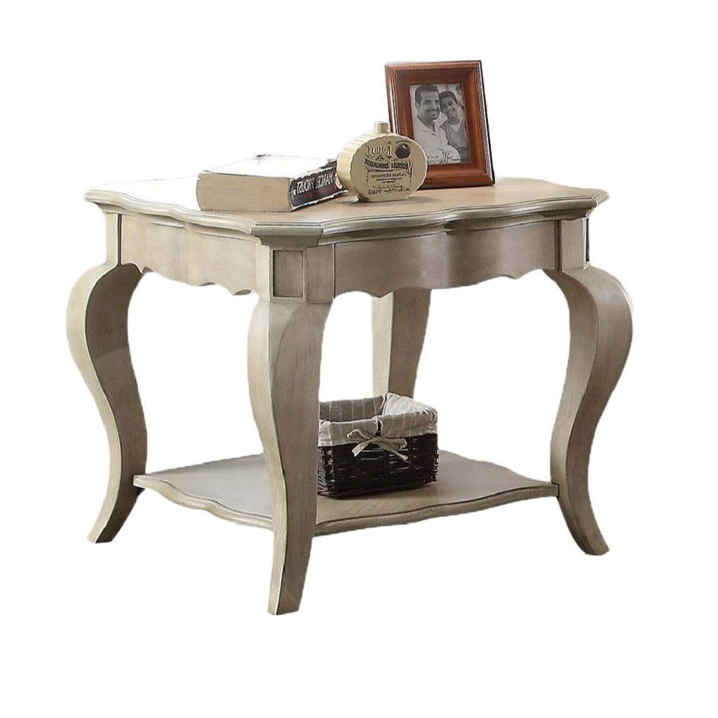 24" Taupe And Clear Glass And Solid Wood End Table With Shelf