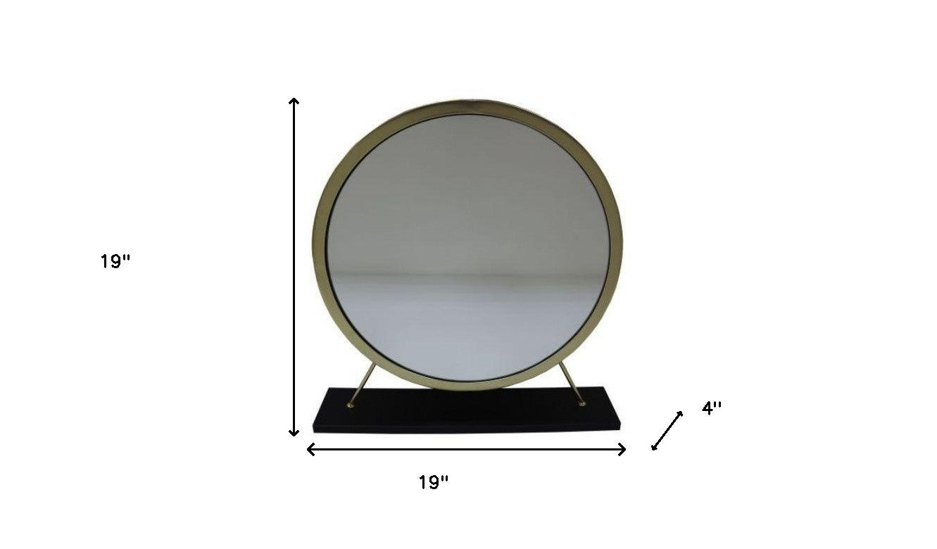 19" Faux Fur, Mirror, Black & Brass Finish Round Makeup Shaving Tabletop Mirror