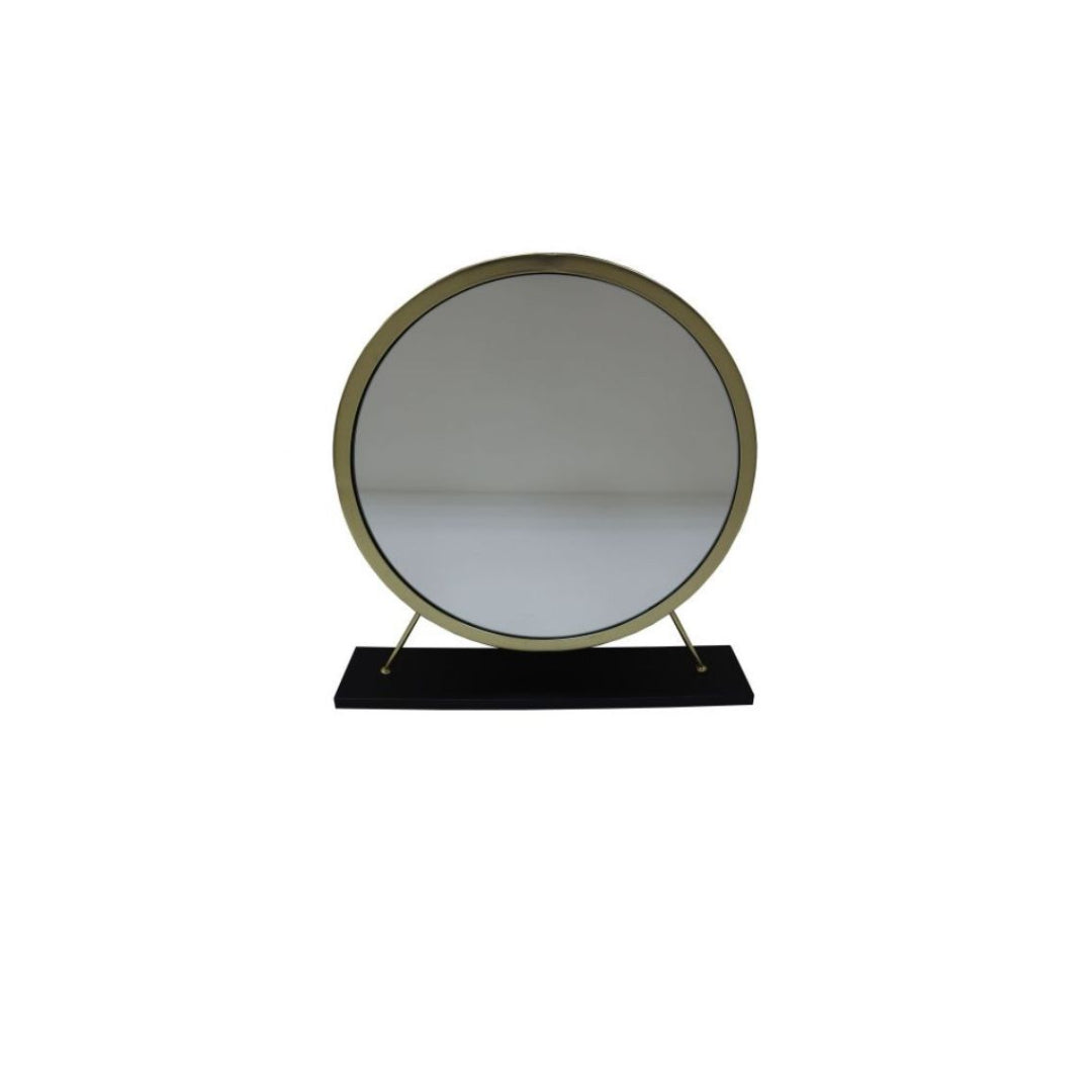 19" Faux Fur, Mirror, Black & Brass Finish Round Makeup Shaving Tabletop Mirror