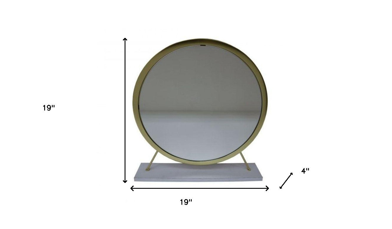 19" Faux Fur, Mirror, White & Brass Finish Round Makeup Shaving Tabletop Mirror