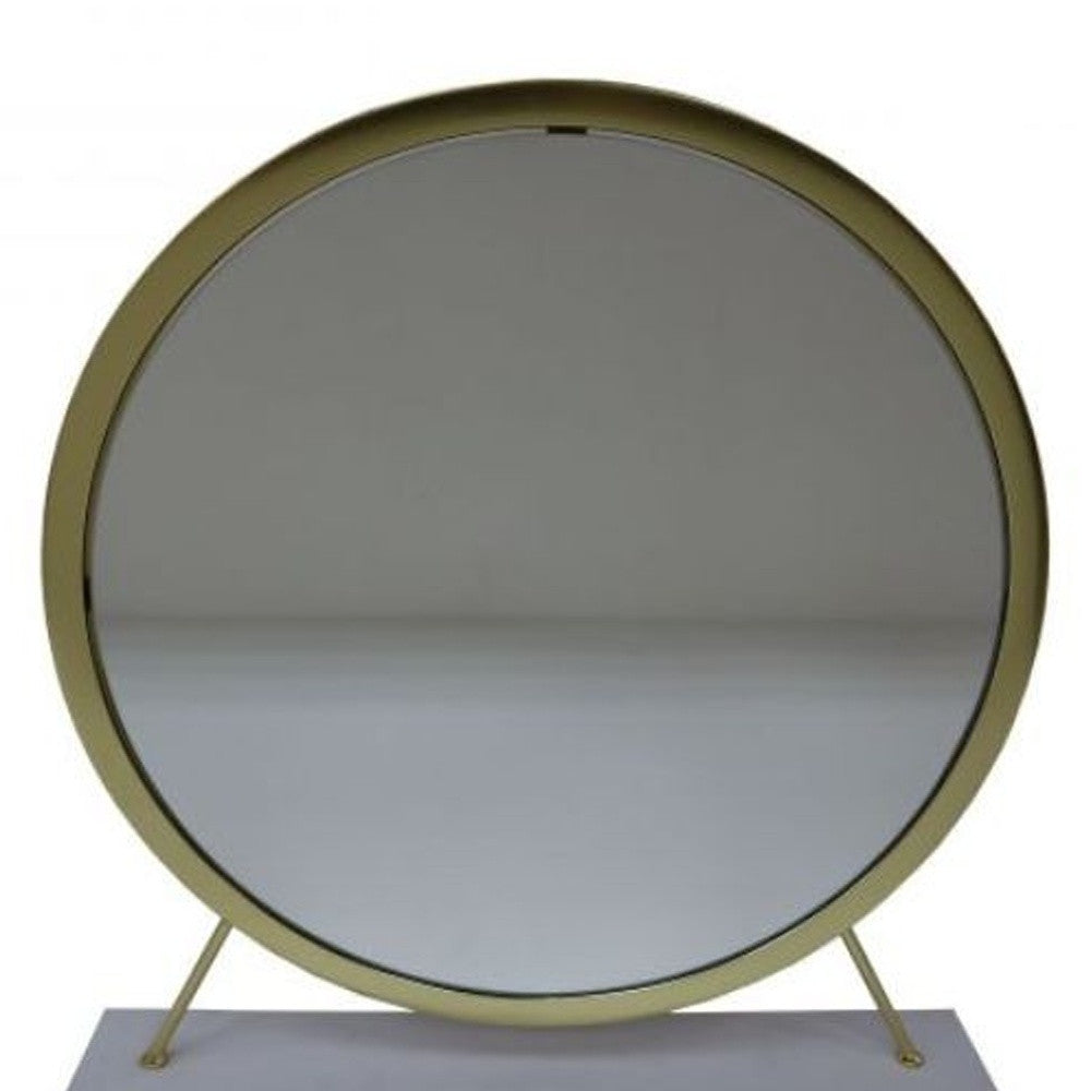 19" Faux Fur, Mirror, White & Brass Finish Round Makeup Shaving Tabletop Mirror