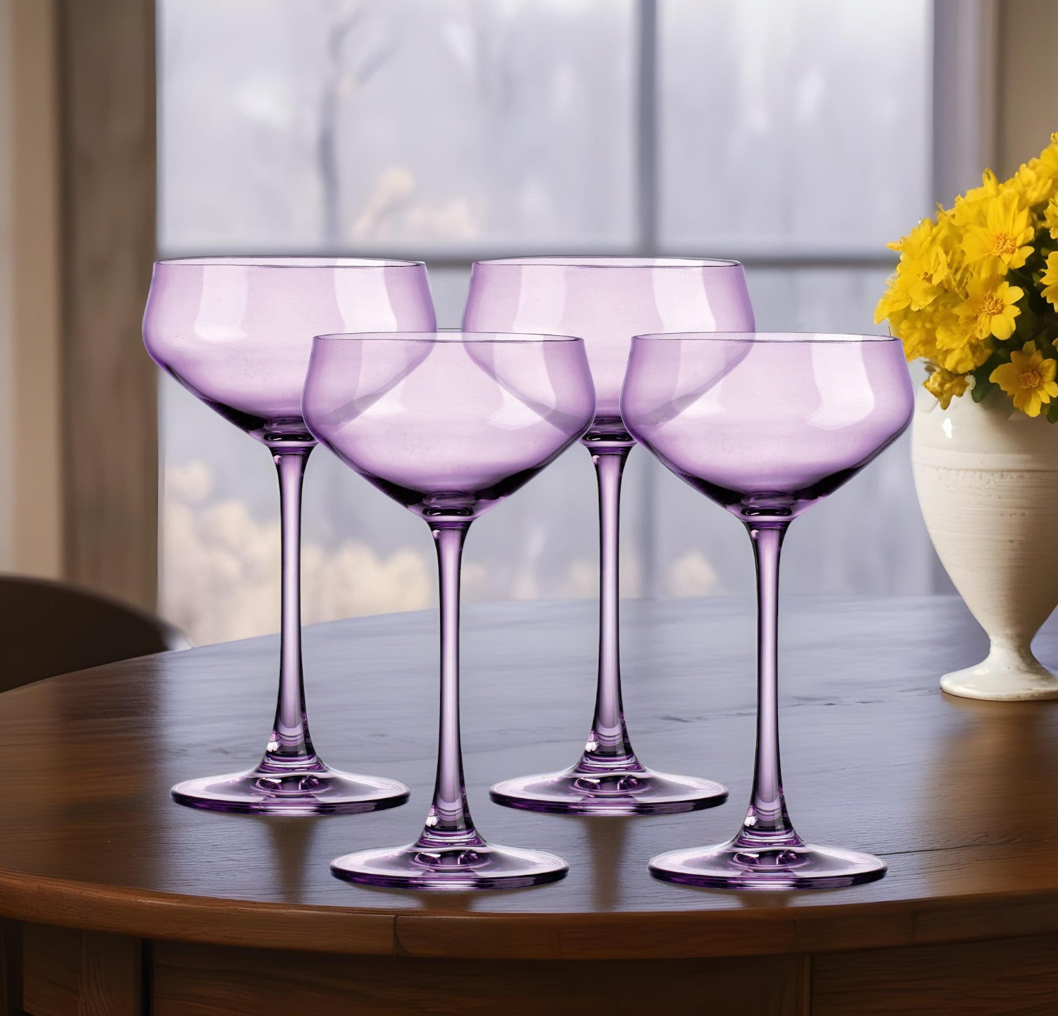 Set of Four Purple Lead Free Crystal Coupe Shallow Bowl Stemmed Coupe