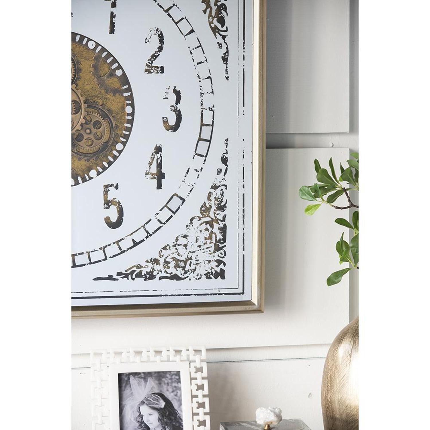 32" Square Gold and Silver Wood and Mirror Analog Exposed Gear Wall Clock