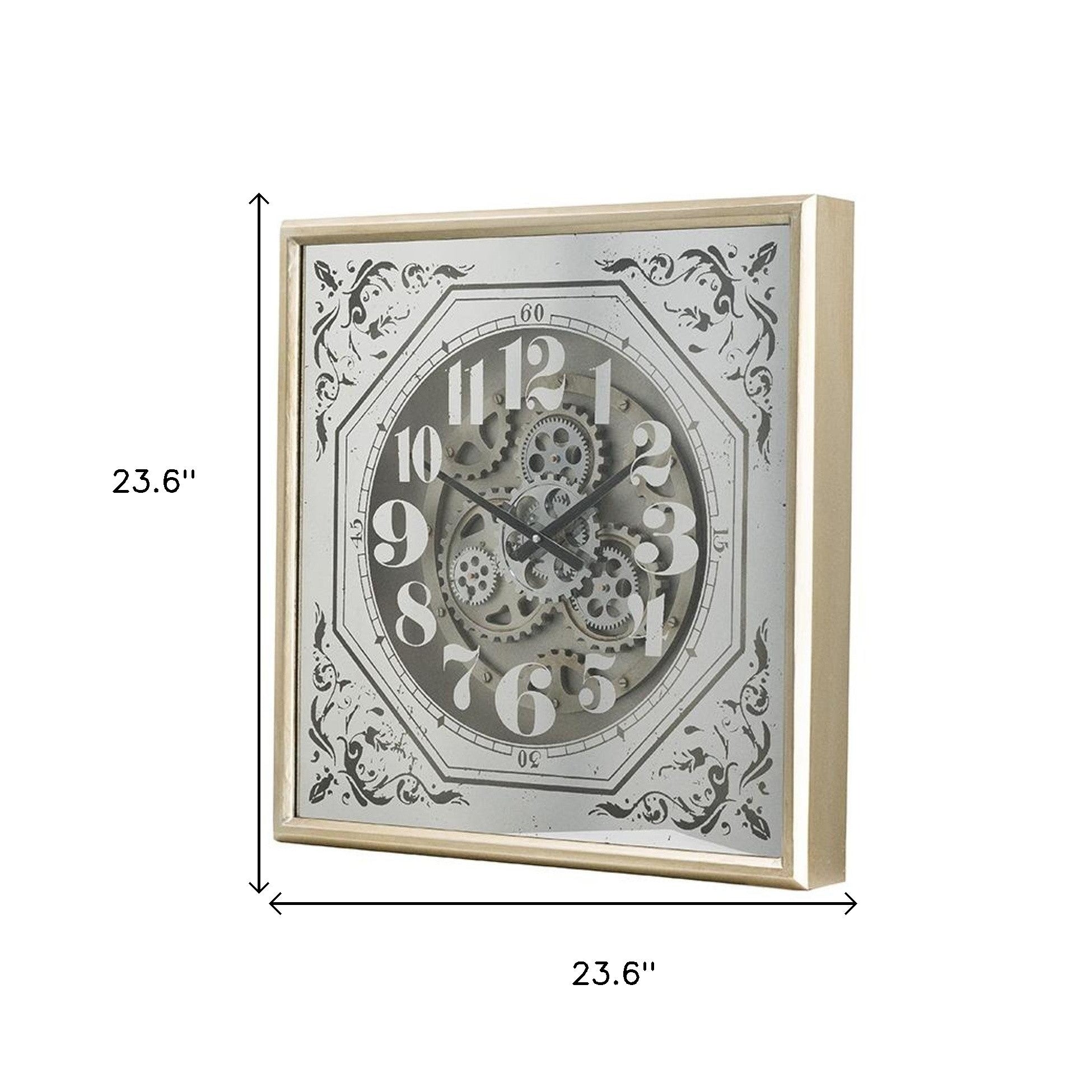 24" Square Gold and Silver Wood and Mirror Exposed Gear Wall Clock