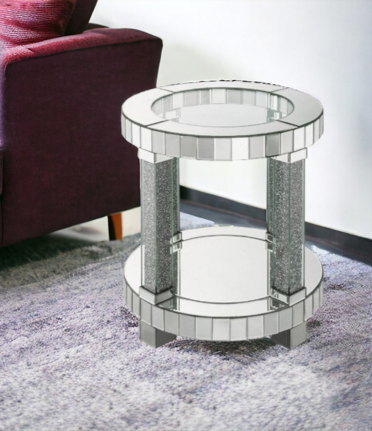 24" Clear Glass And Mirrored Round End Table With Shelf