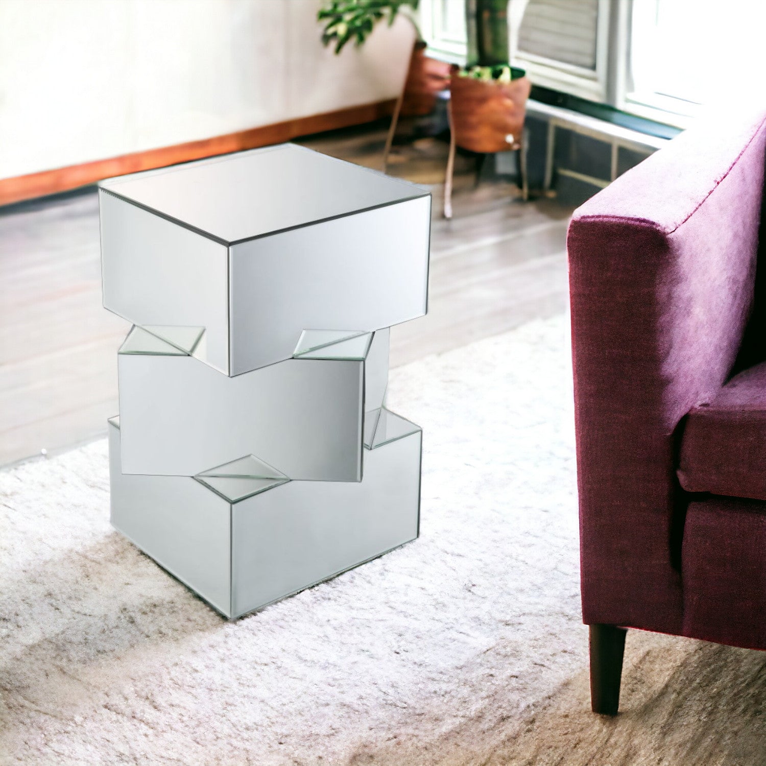 24" Mirrored Contemporary Stacking Square End Table