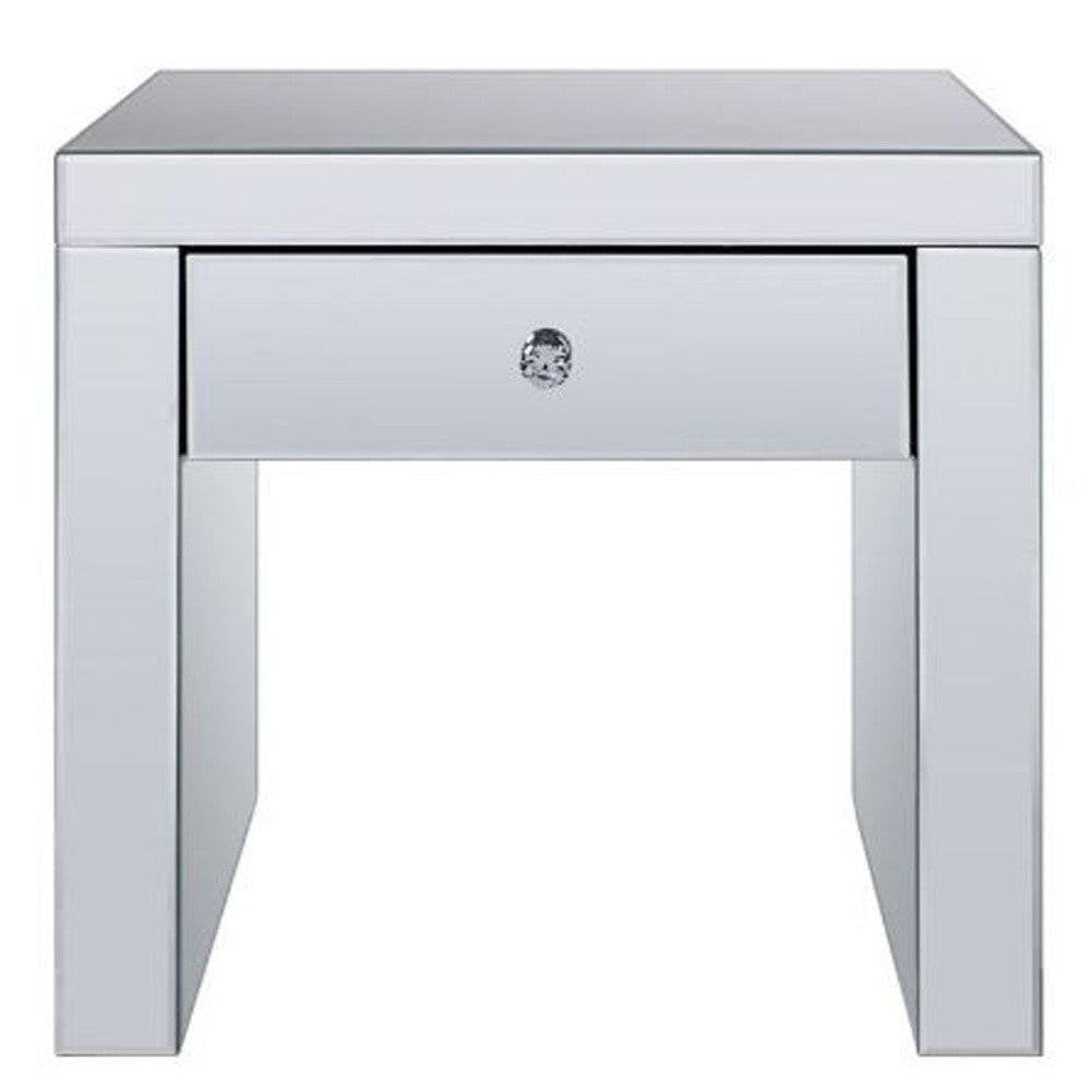 23" Silver Glass And Manufactured Wood Square Mirrored End Table With Drawer