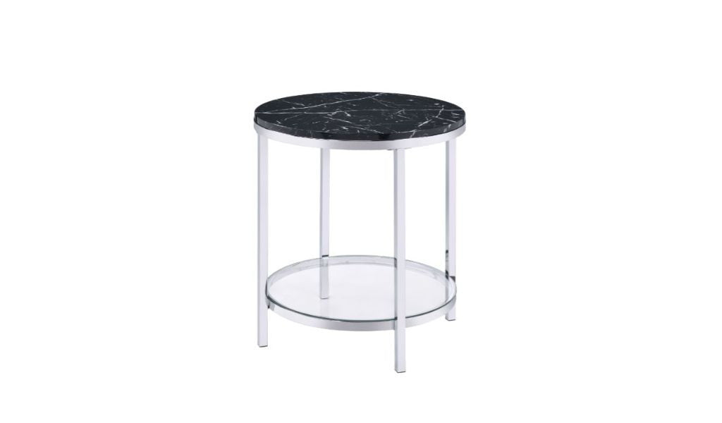 25" Chrome And Black Faux Marble And Metal Round End Table With Shelf