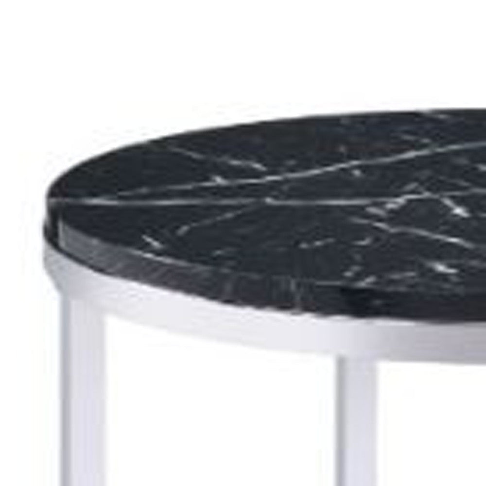 25" Chrome And Black Faux Marble And Metal Round End Table With Shelf