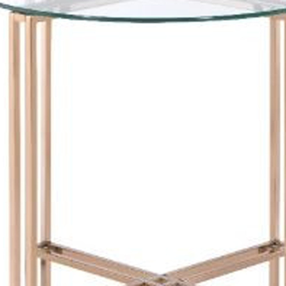 24" Champagne And Clear Glass And Metal Round End Table