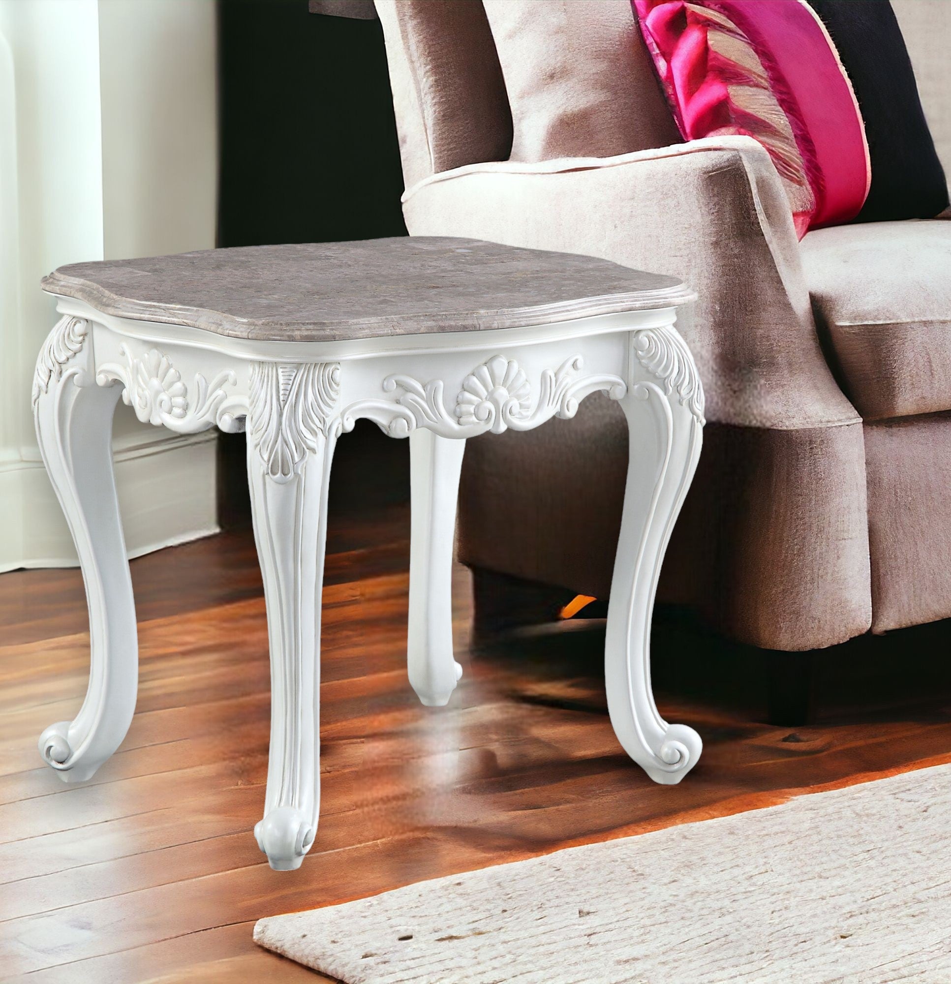 24" White And Marble Marble And Polyresin Rectangular End Table