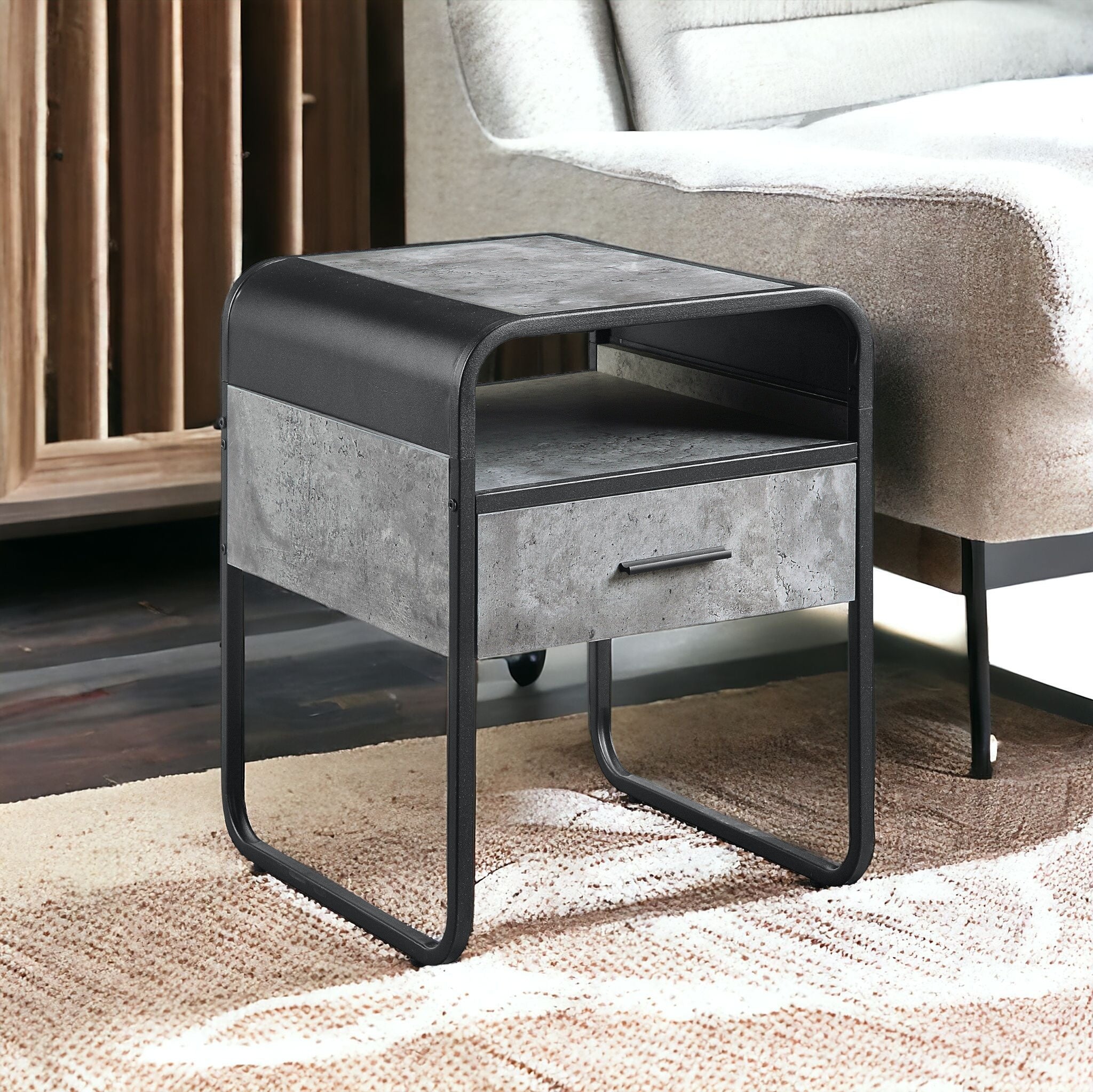 22" Black And Gray Wood And Metal Square End Table With Drawer And Shelf