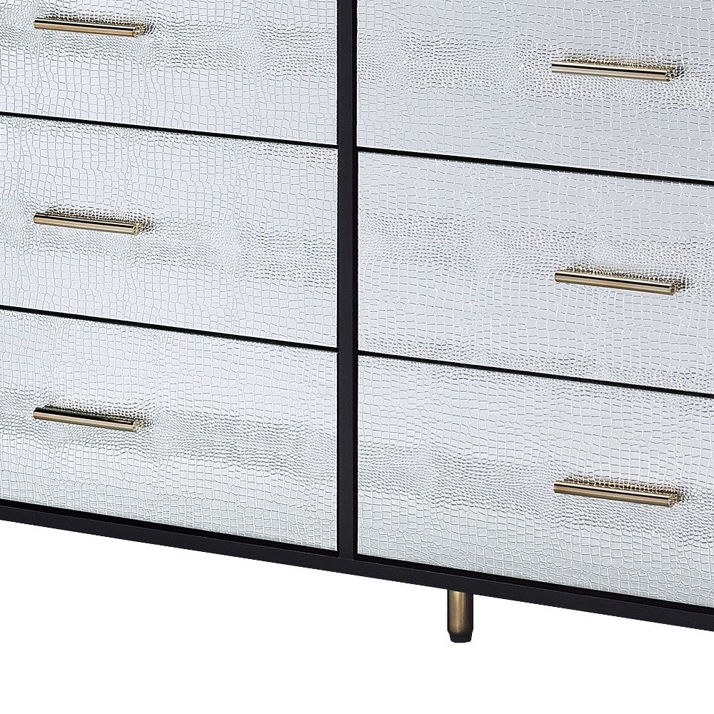 47" Black  Silver and Gold Faux Croc Design Six Drawer Double Dresser
