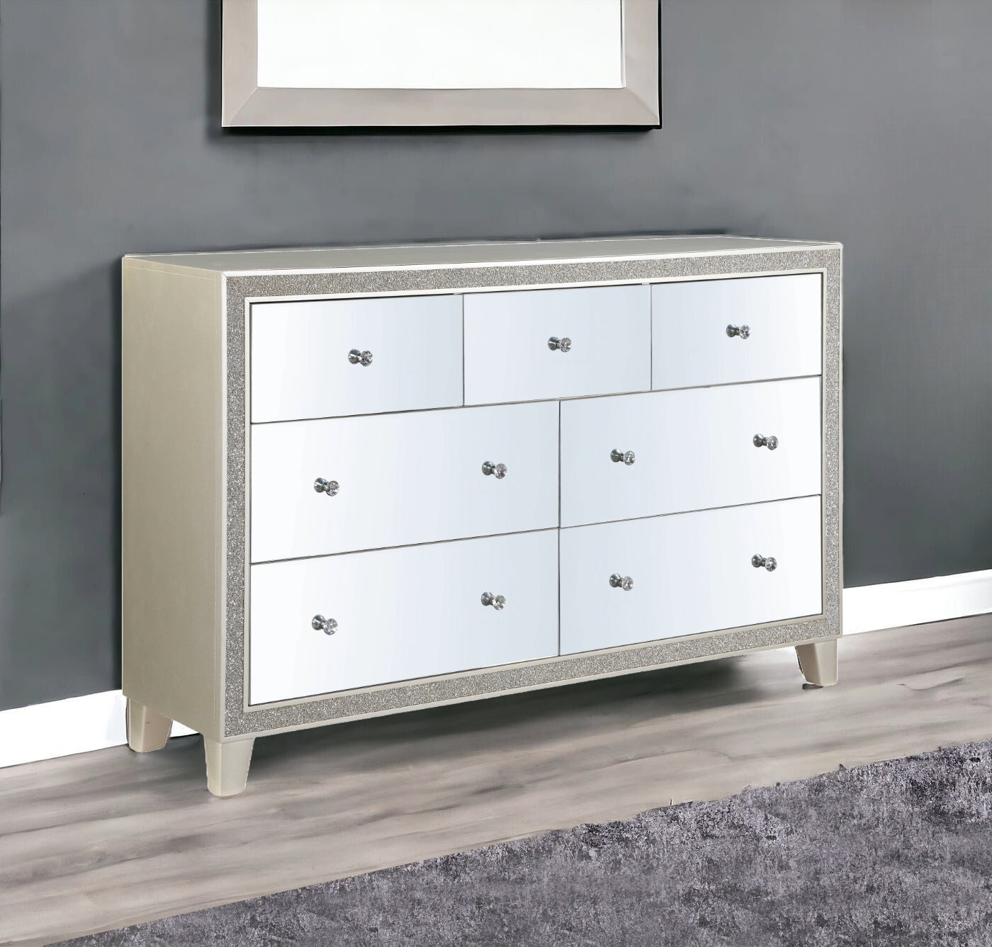 63" Champagne Solid and Manufactured Wood Mirrored Seven Drawer Triple Dresser