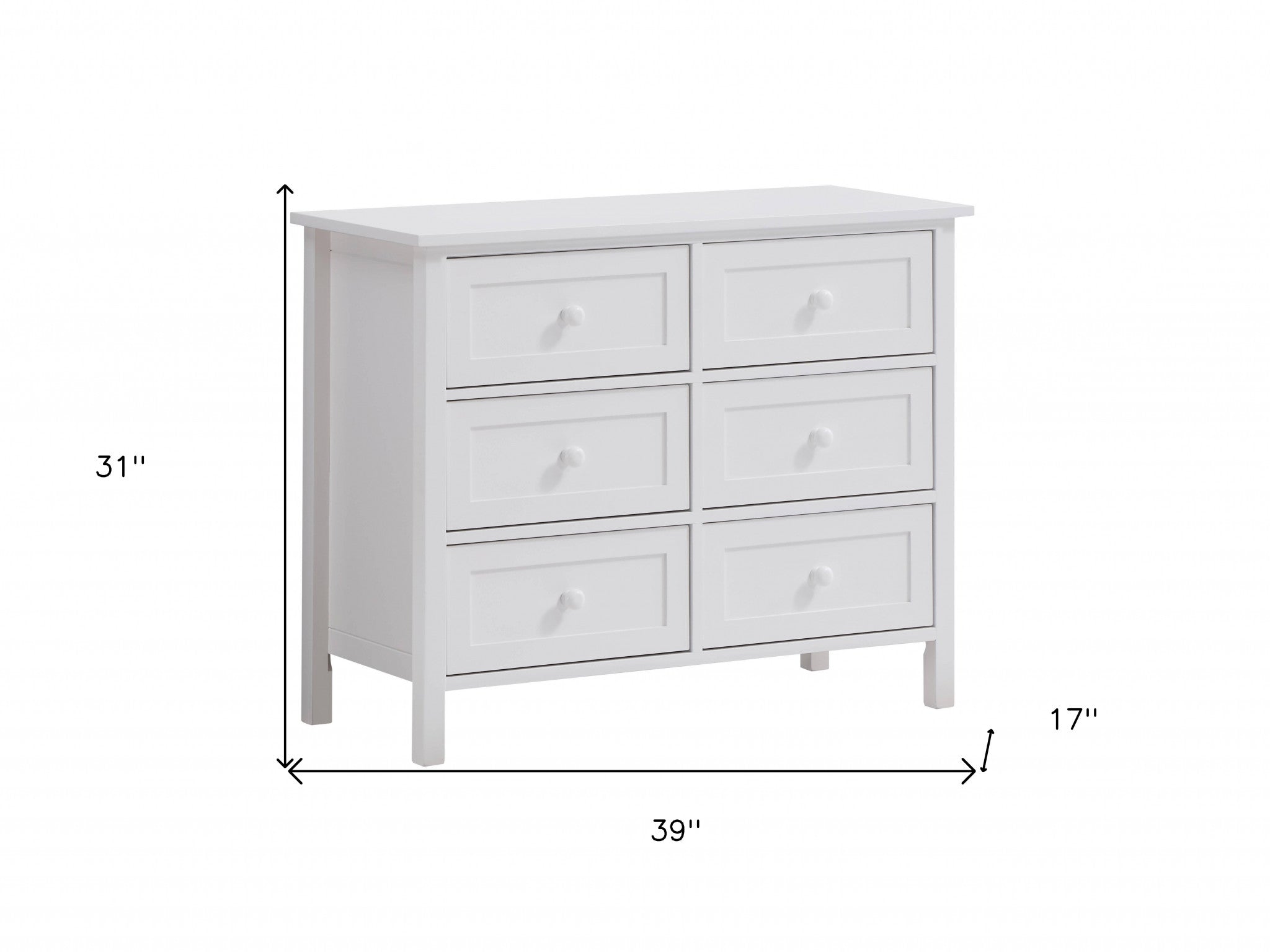 39" White Manufactured Wood Six Drawer Dresser