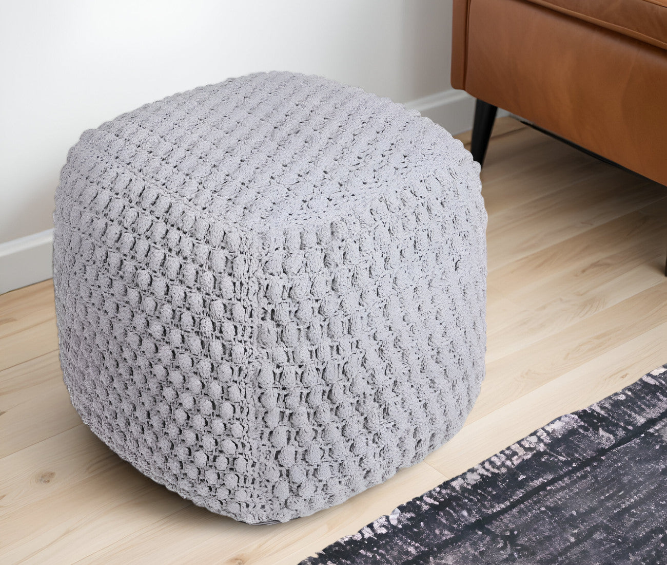 18" White Cotton Blend Pouf Ottoman