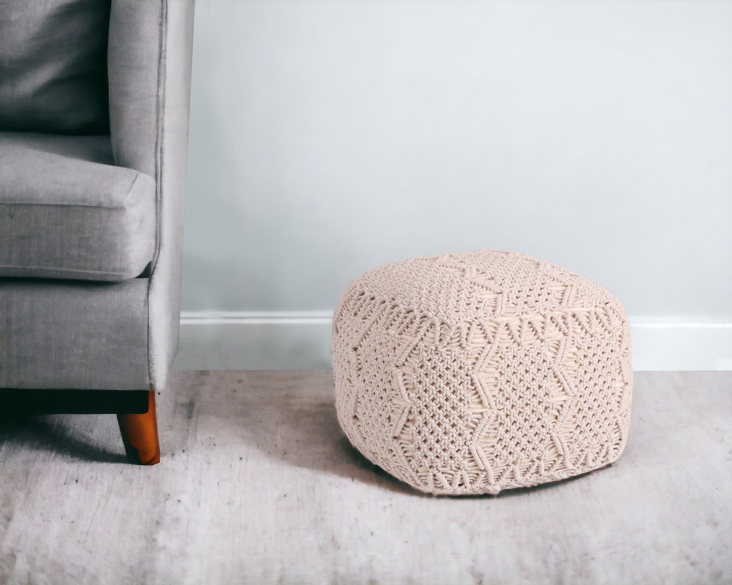 18" Ivory Cotton Blend Pouf Ottoman