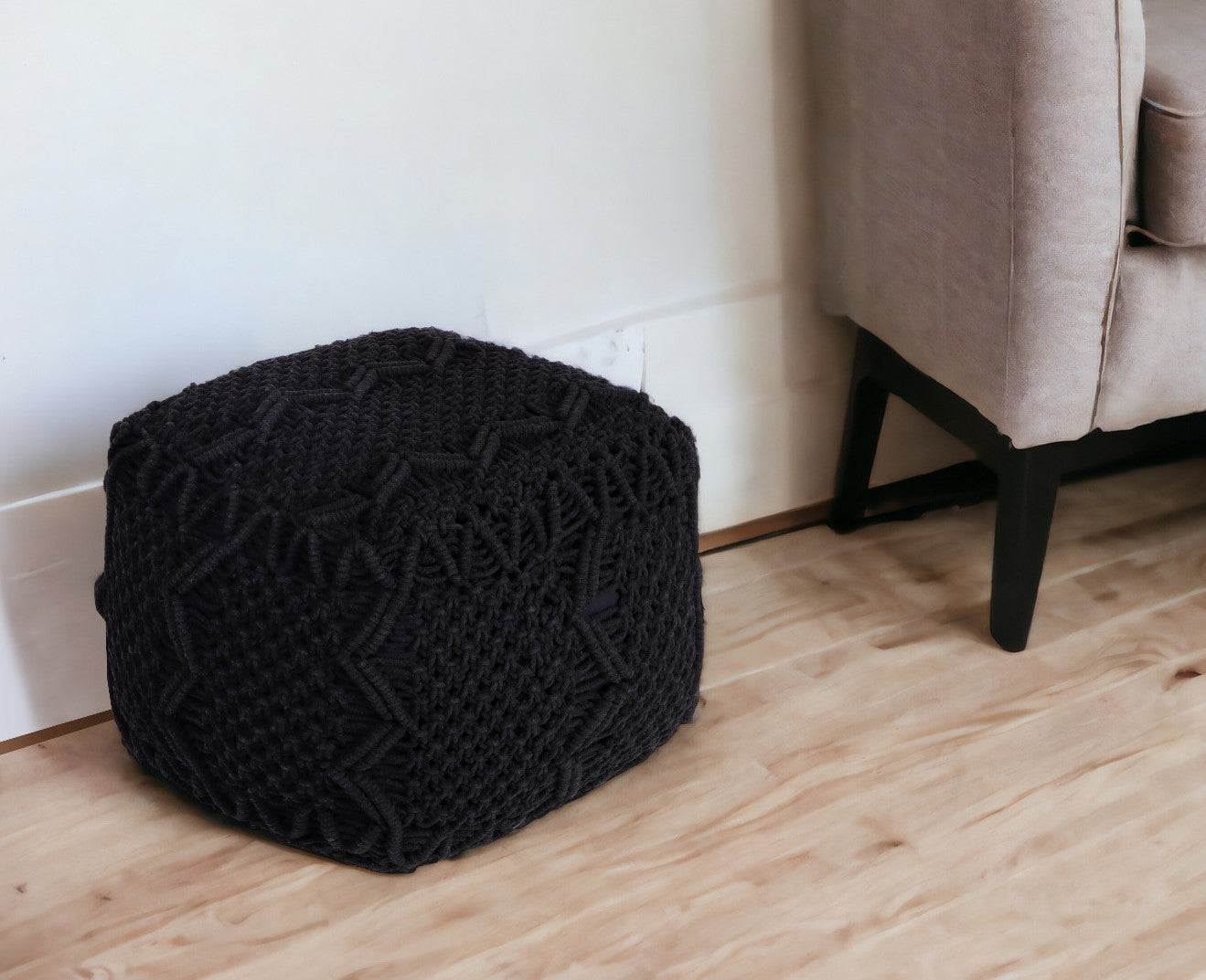 18" Ivory Cotton Blend Pouf Ottoman