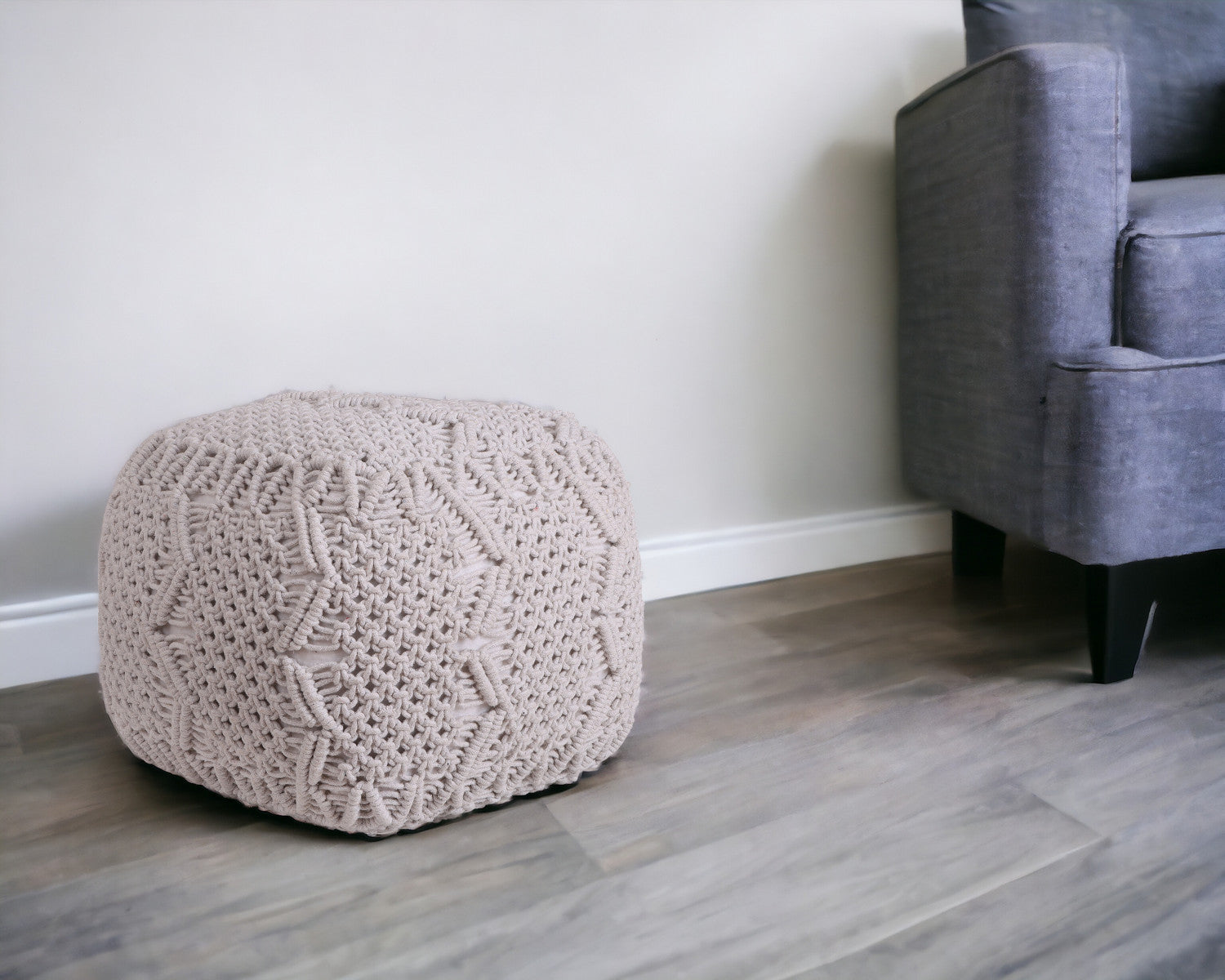 18" Ivory Cotton Blend Pouf Ottoman