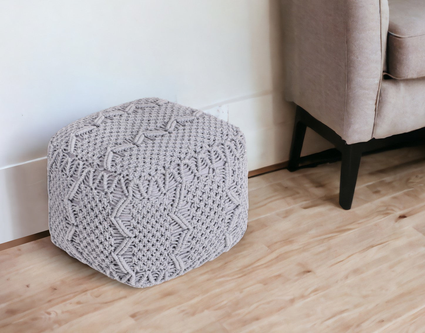 18" Ivory Cotton Blend Pouf Ottoman