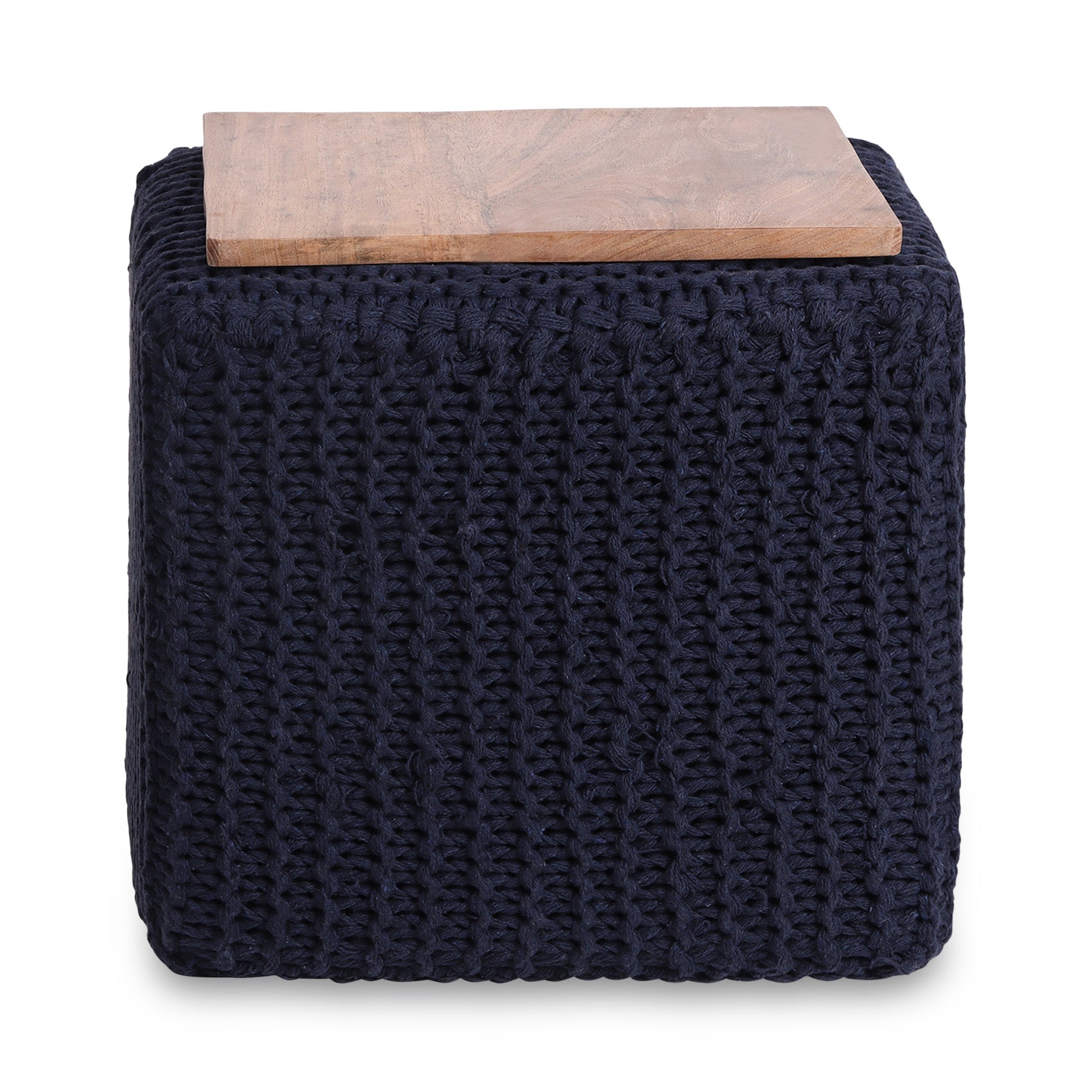 16" Navy Blue Cotton Blend Pouf Ottoman