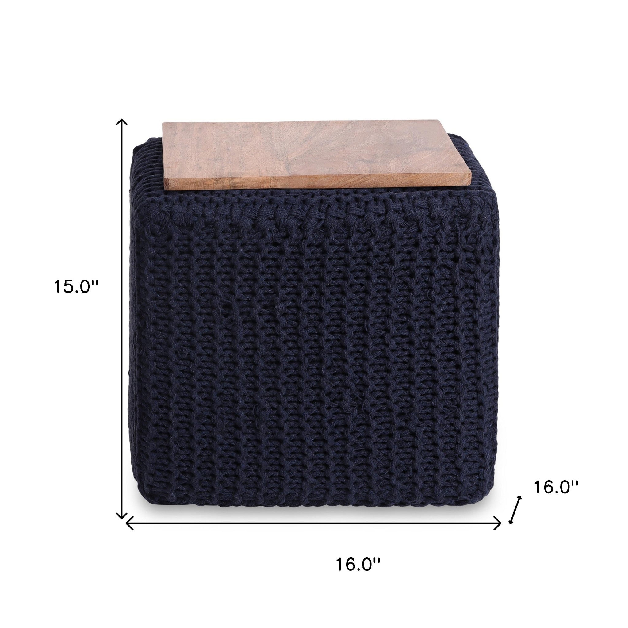 16" Navy Blue Cotton Blend Pouf Ottoman