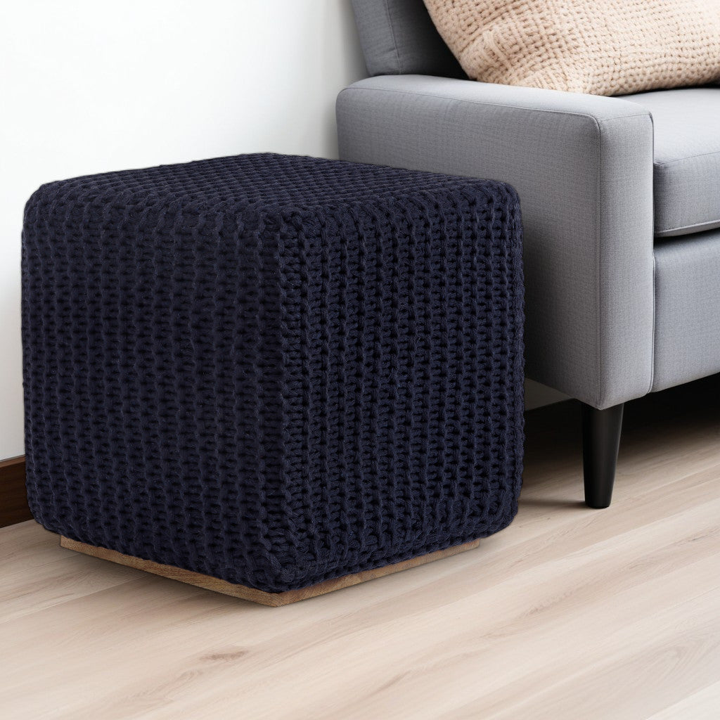 16" Navy Blue Cotton Blend Pouf Ottoman