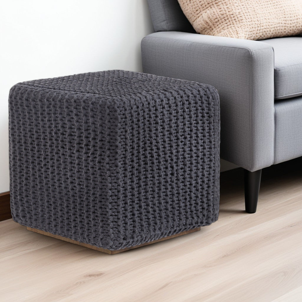 16" Navy Blue Cotton Blend Pouf Ottoman