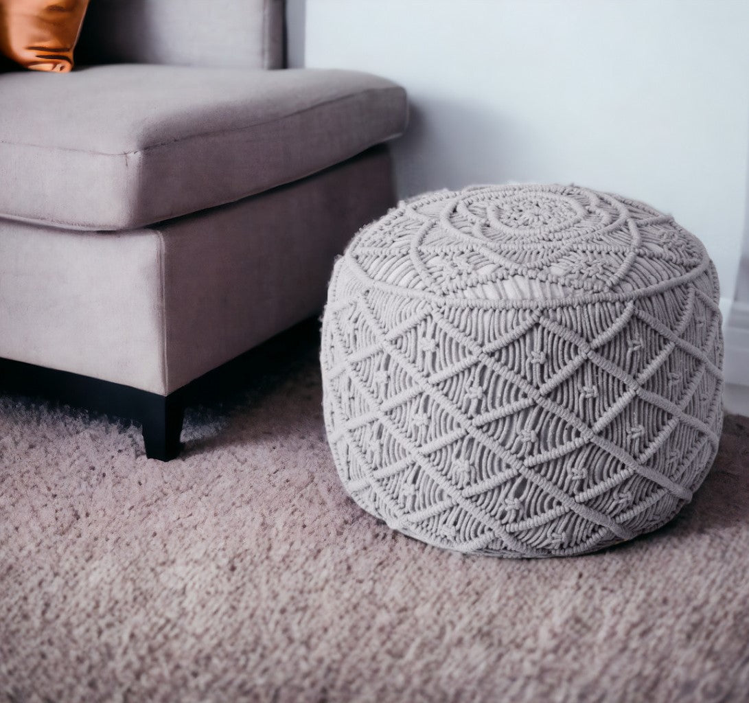 18" Light Gray Cotton Blend Round Geometric Pouf Ottoman