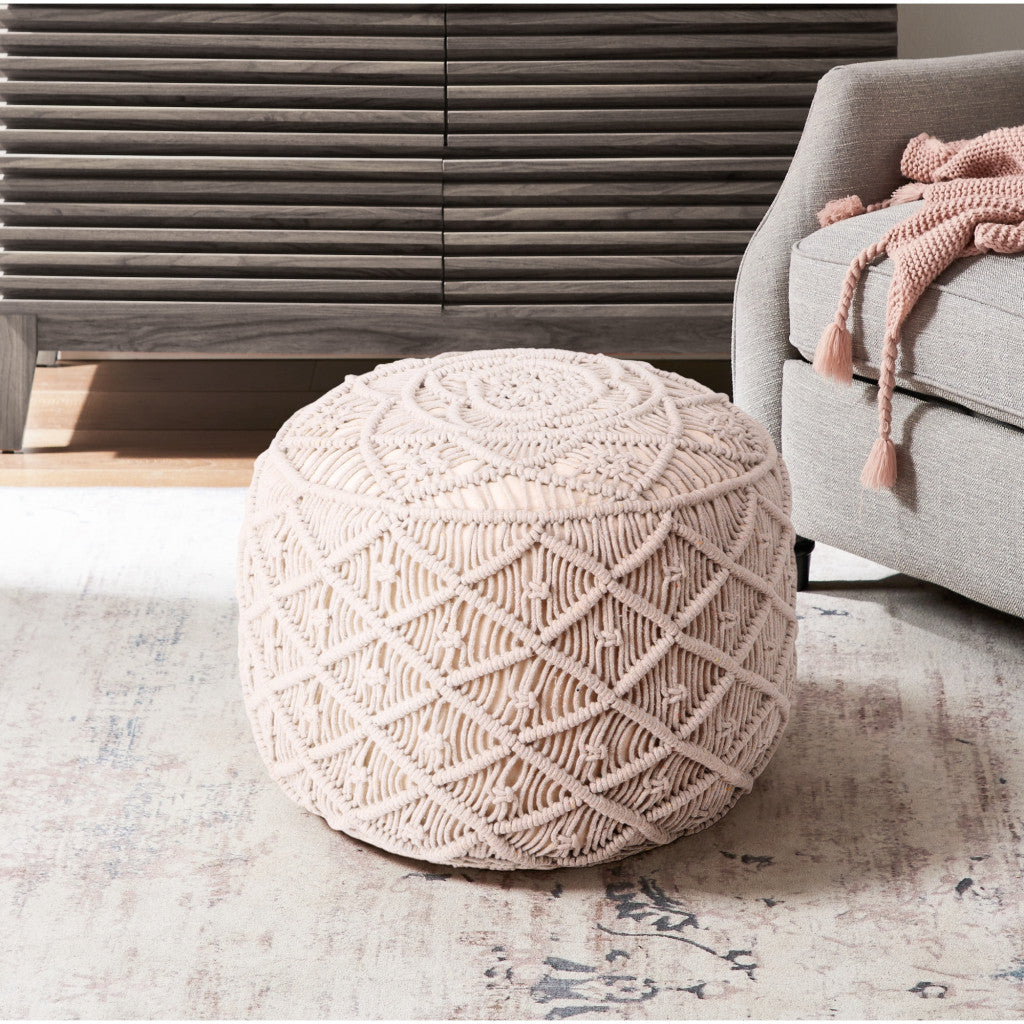 18" Light Gray Cotton Blend Round Geometric Pouf Ottoman