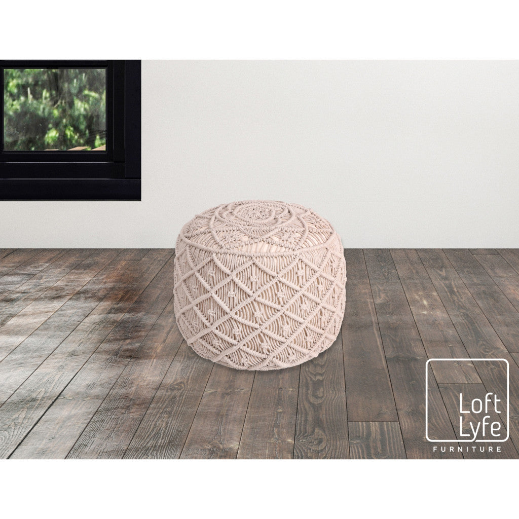 18" Light Gray Cotton Blend Round Geometric Pouf Ottoman