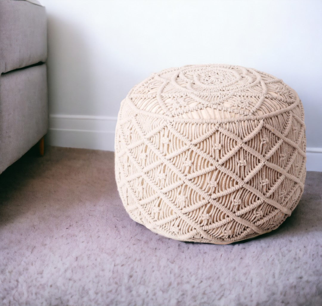 18" Light Gray Cotton Blend Round Geometric Pouf Ottoman