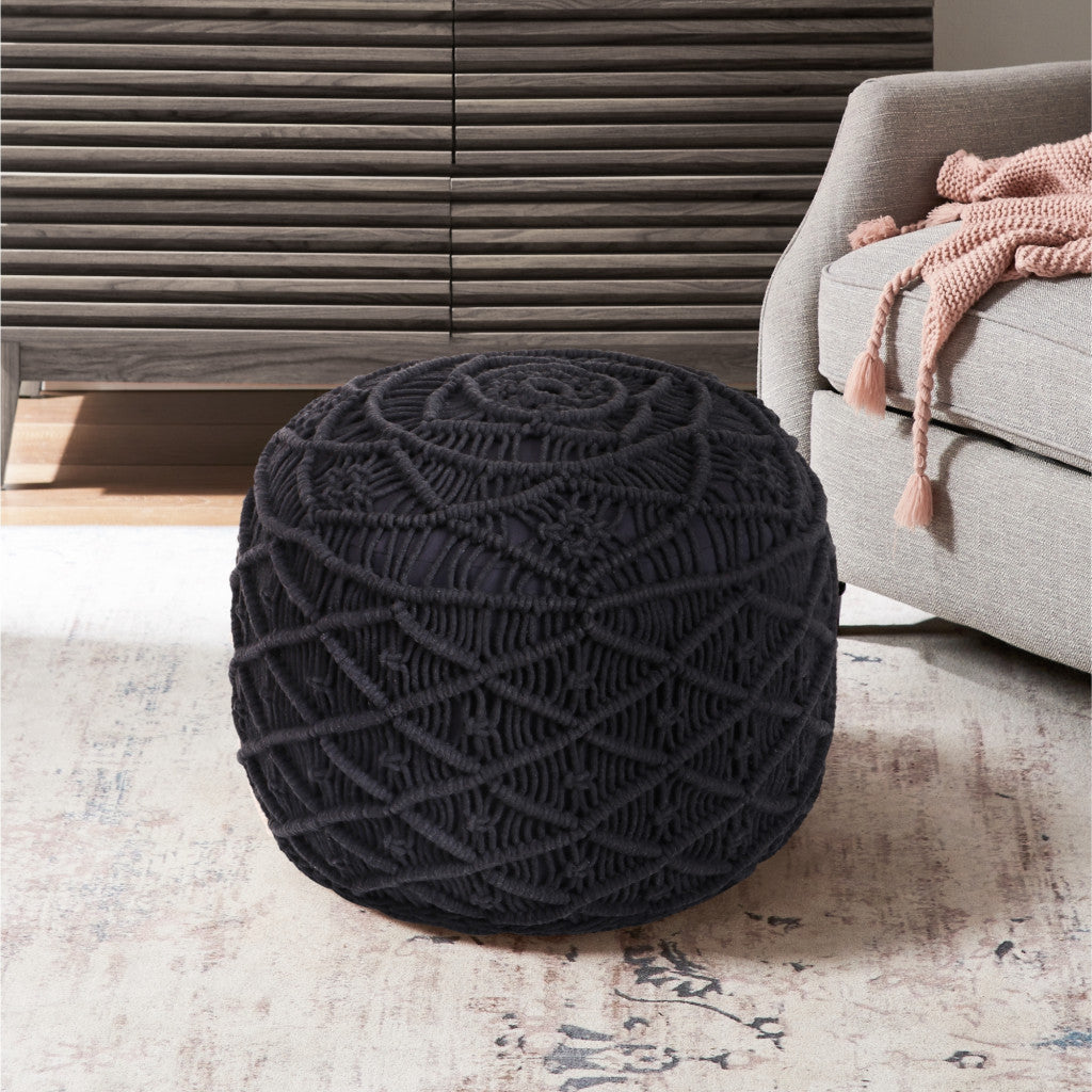 18" Light Gray Cotton Blend Round Geometric Pouf Ottoman